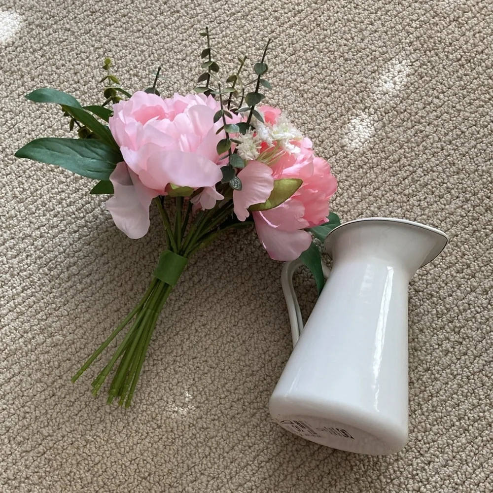IKEA Faux Pink Flower Bouquet with Farmstyle Pitcher Vase Cream Center Piece